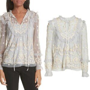 Needle & Thread Flapper Embroidered Tulle Top In Vintage Blue 6